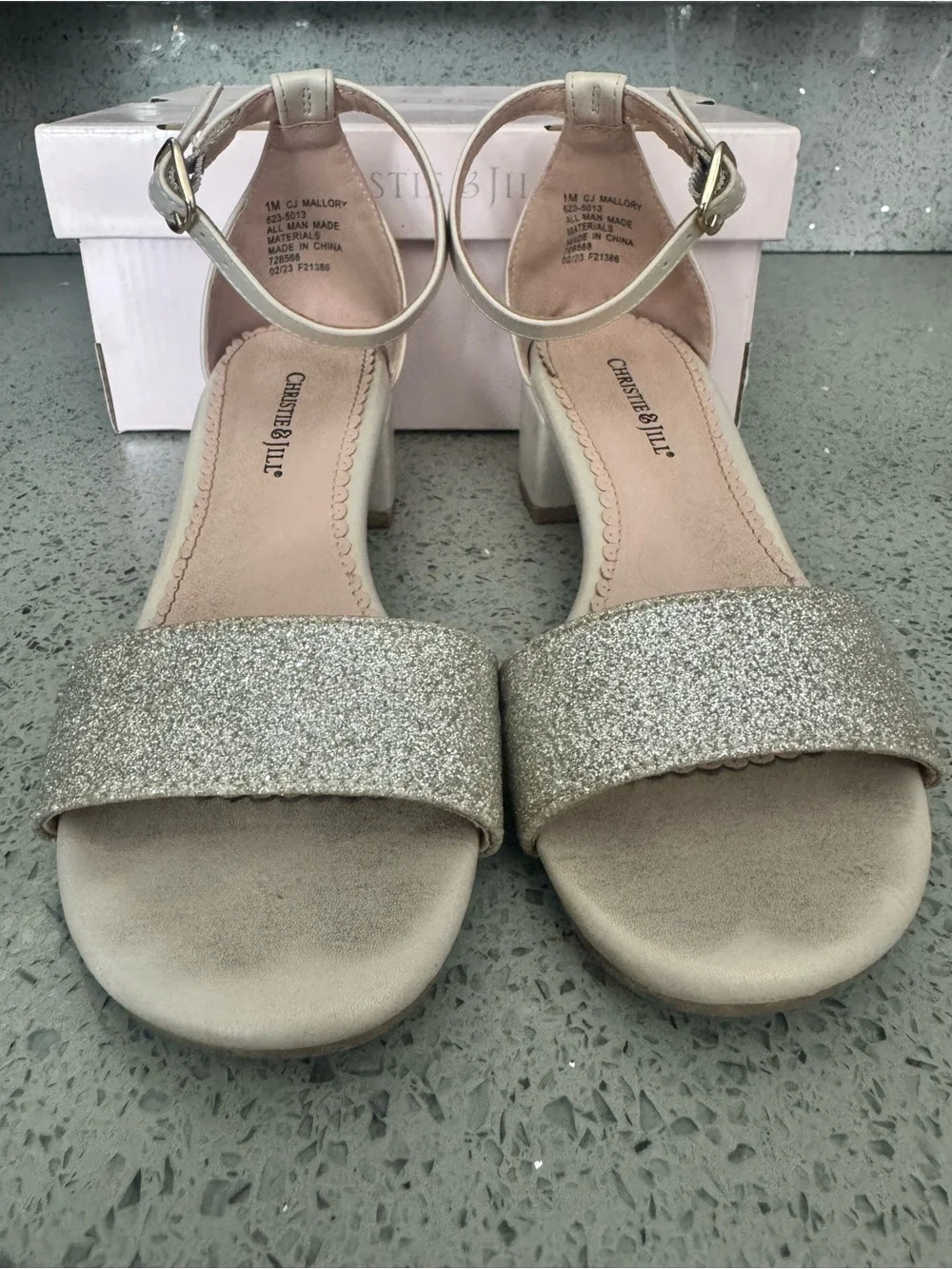 Girls Ivory Dress Sandals with Gold Glitter Strap